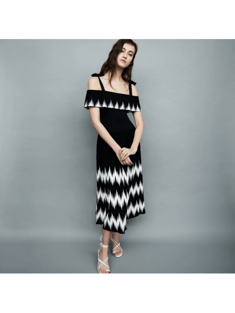 Maje Black & White One-Shoulder Zigzag Midi Dress